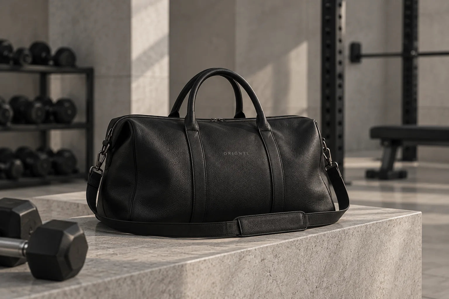 Black leather duffle on a gray stone gym bench
