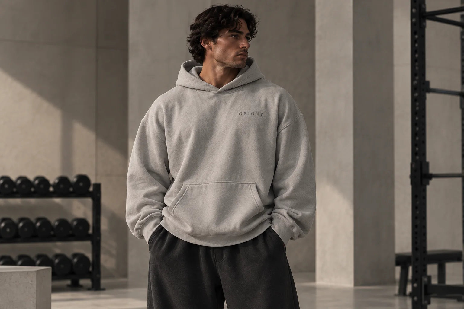 Pale gray oversized pullover hoodie with a kangaroo pocket