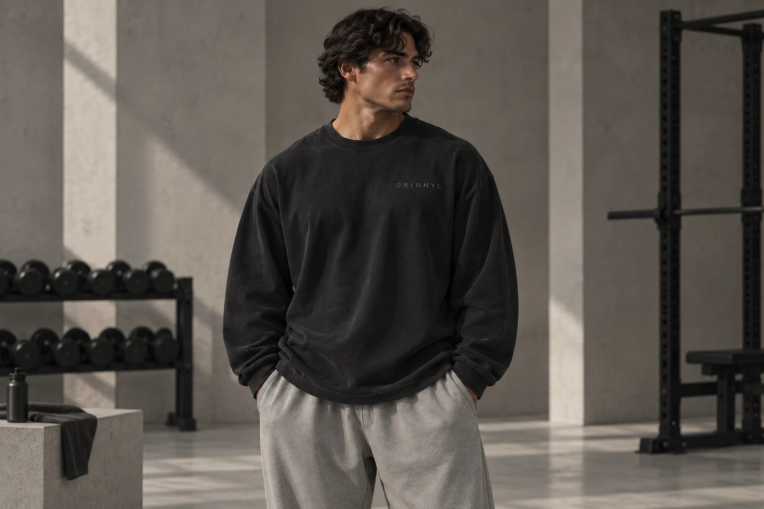 Washed black boxy oversized long sleeve crewneck