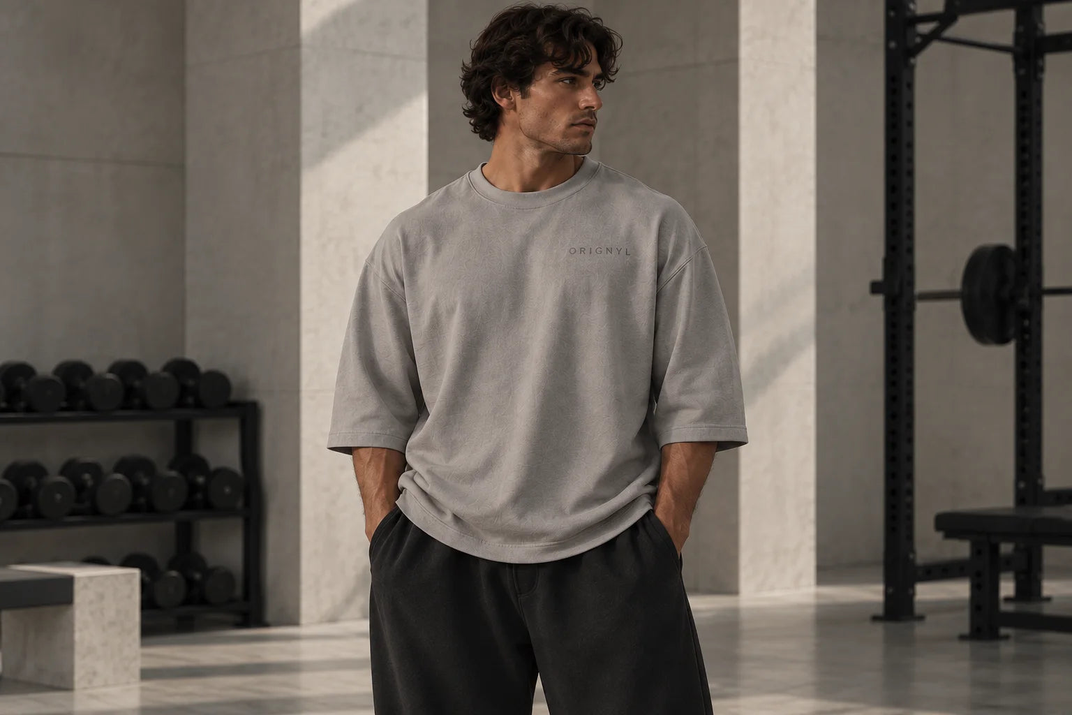Stone gray boxy crewneck with wide three-quarter sleeves
