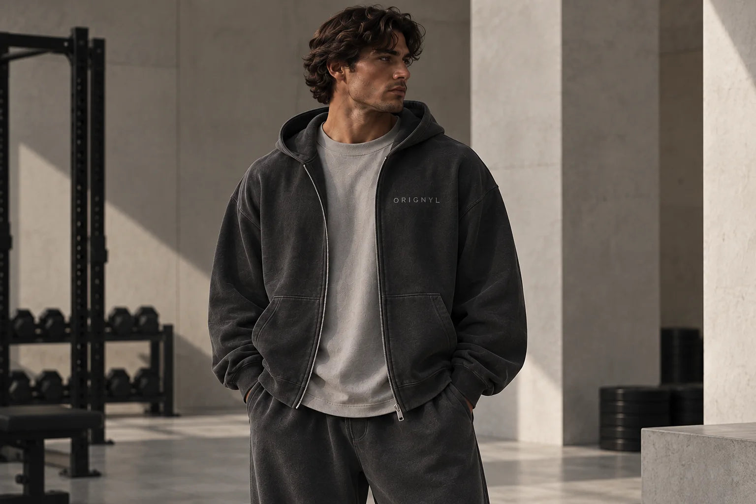 Washed charcoal oversized zip hoodie with a full-length zipper